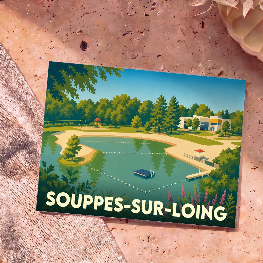 Carte postale souvenir de la ville de Souppes-sur-Loing avec une illustration stylisée d'un parc de loisirs au bord de l'eau.