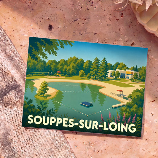 Carte postale souvenir de Souppes-sur-Loing illustrant une base de loisirs arborée avec un plan d'eau.