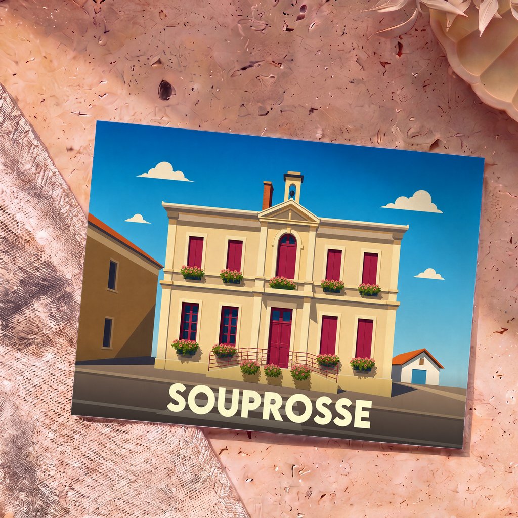 Carte postale souvenir de la ville de Souprosse avec une illustration stylisée de sa mairie.