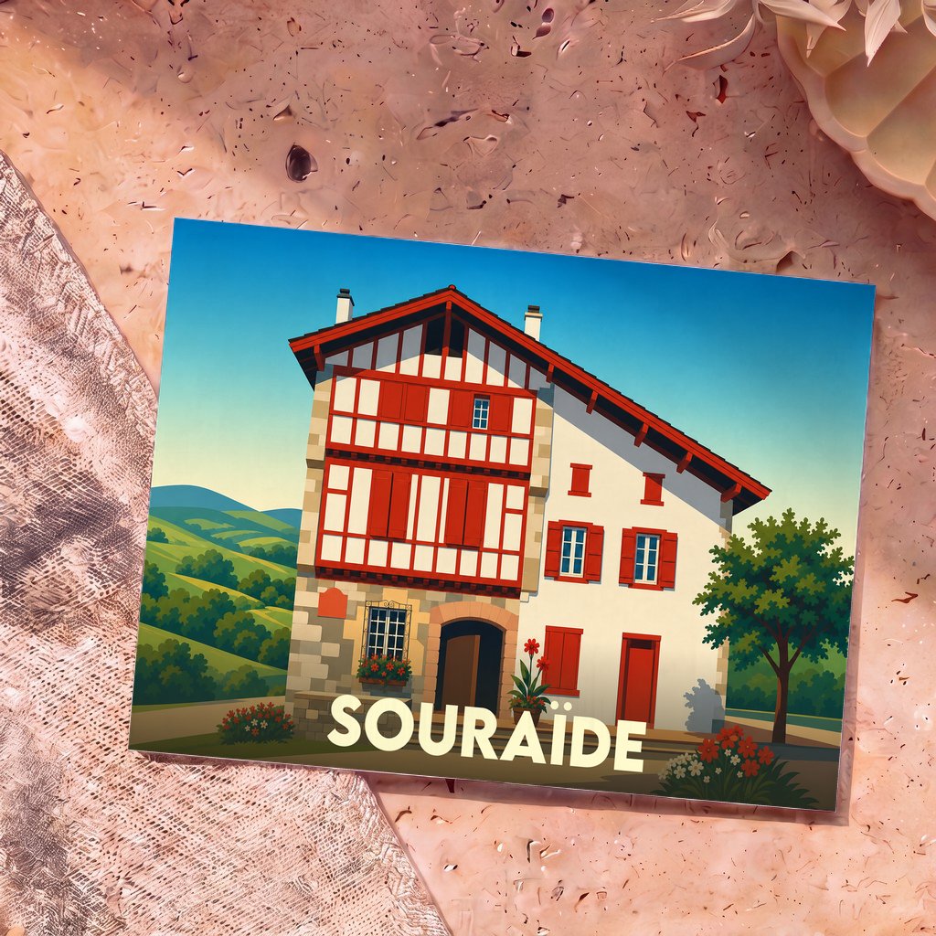 Carte postale souvenir de la ville de Souraïde représentant une maison basque traditionnelle en illustration stylisée.