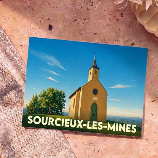 Carte postale souvenir de Sourcieux-les-Mines avec une illustration stylisée de sa chapelle sous un ciel bleu.