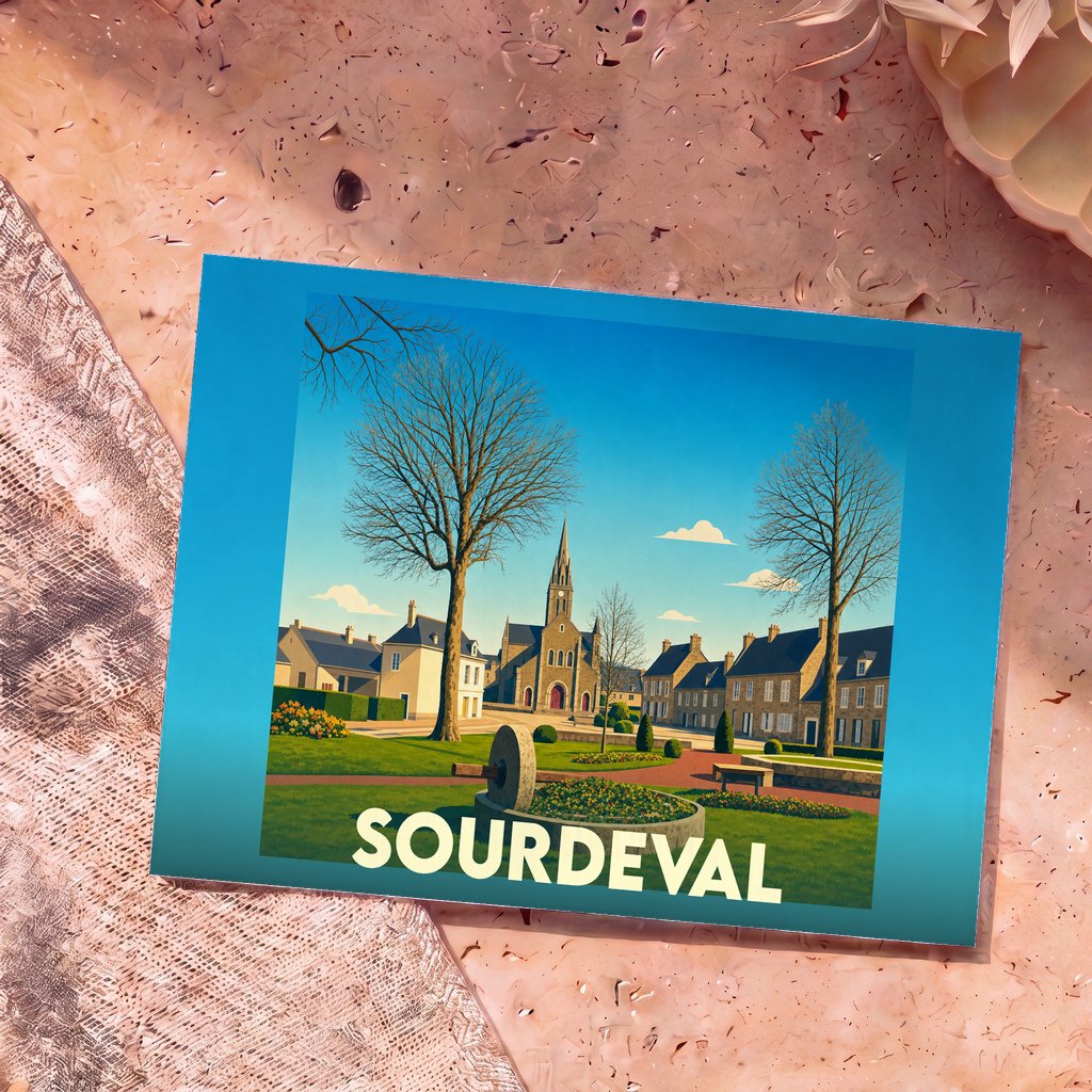 Carte postale souvenir de la ville de Sourdeval avec une illustration stylisée de son église et de ses maisons typiques.