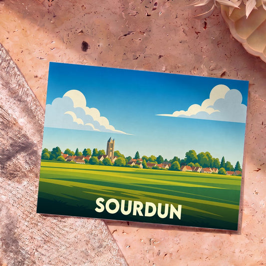 Carte postale souvenir de la ville de Sourdun avec une illustration stylisée représentant son église et la campagne environnante.