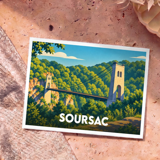 Carte postale souvenir de la ville de Soursac illustrant son pont suspendu dans un style vintage.