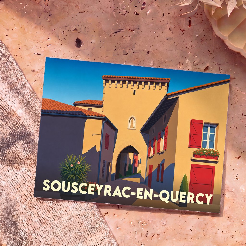 Carte postale souvenir de Sousceyrac-en-Quercy illustrant une porte médiévale dans un style graphique épuré.