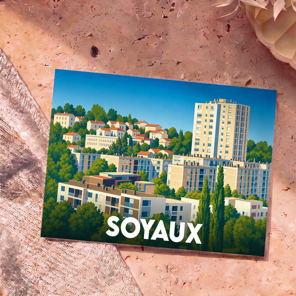 Carte postale souvenir de la ville de Soyaux avec une illustration colorée et stylisée de ses immeubles et de sa végétation.