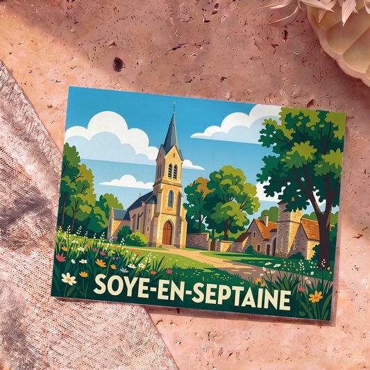 Carte postale souvenir de la ville de Soye-en-Septaine avec une illustration stylisée de son église et de son paysage rural.