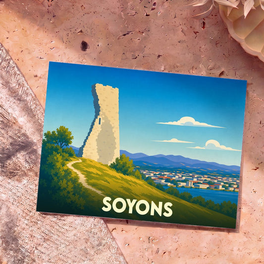 Carte postale souvenir de la ville de Soyons avec une illustration stylisée de sa tour médiévale surplombant le Rhône.