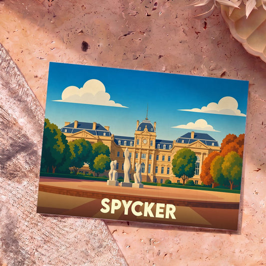 Carte postale souvenir de la ville de Spycker avec une illustration stylisée de son château et de son parc.