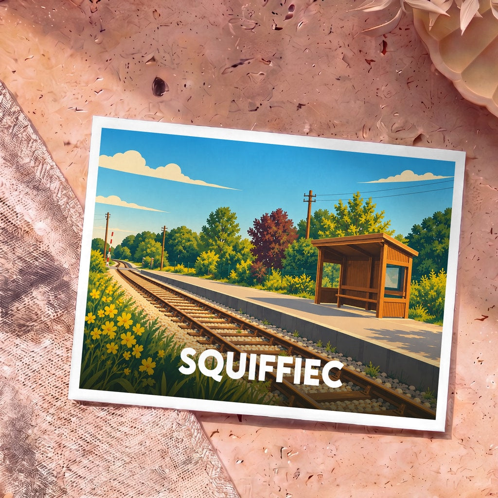 Carte postale souvenir de la ville de Squiffiec avec une illustration stylisée d'une gare de campagne fleurie.