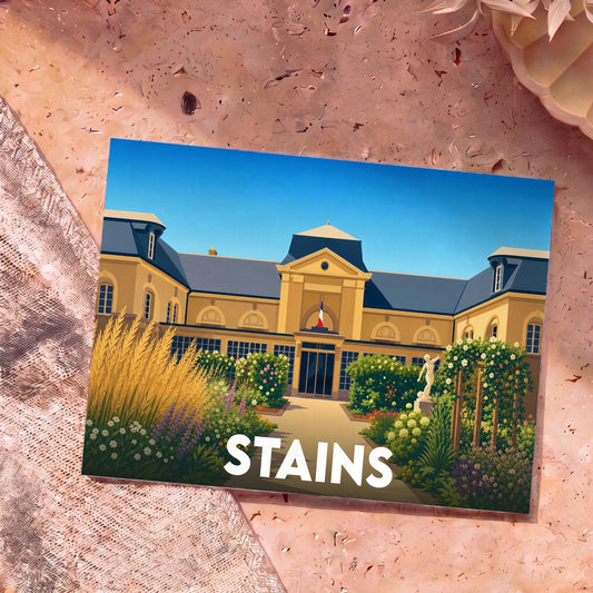 Carte postale souvenir de la ville de Stains avec une illustration stylisée d'un bâtiment historique et ses jardins.