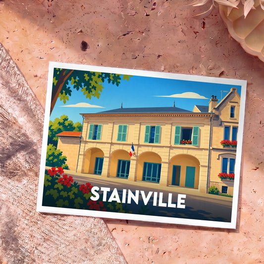 Carte postale souvenir de la ville de Stainville avec une illustration stylisée d'un bâtiment typique.