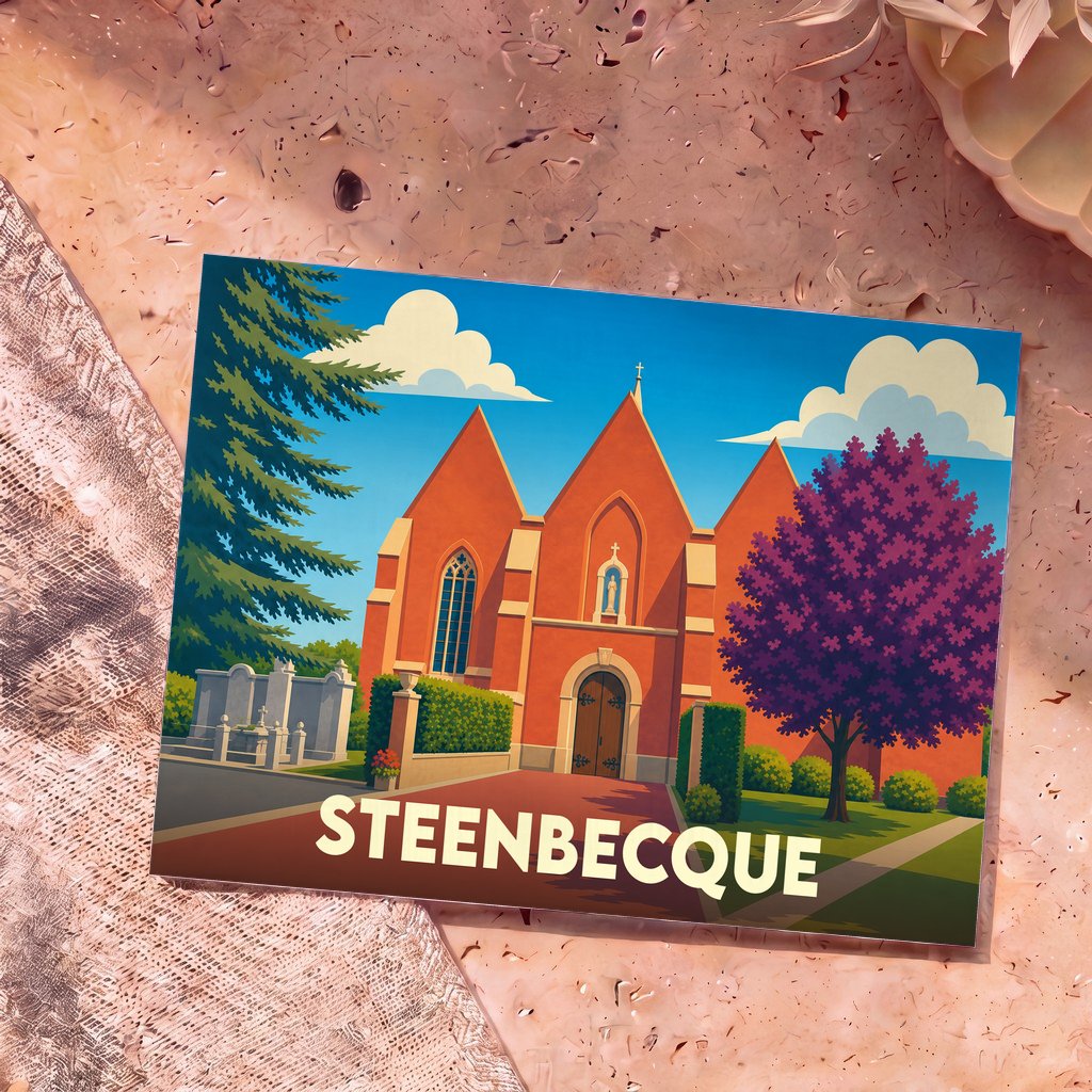 Carte postale souvenir de la ville de Steenbecque illustrant son église dans un style graphique épuré.