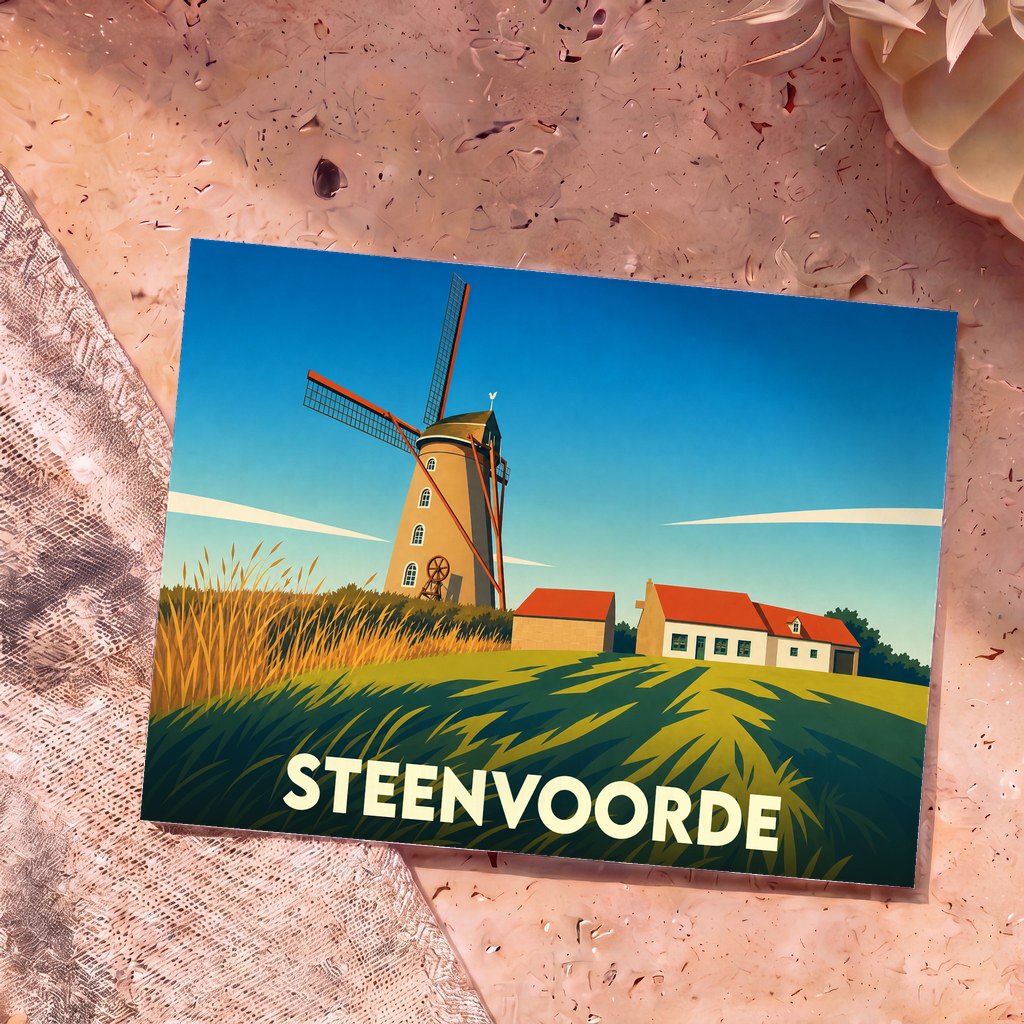 Carte postale souvenir de la ville de Steenvoorde illustrant un moulin à vent et une ferme dans un style graphique épuré.