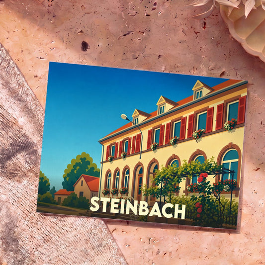 Carte postale souvenir de la ville de Steinbach avec une illustration stylisée d'un bâtiment fleuri.
