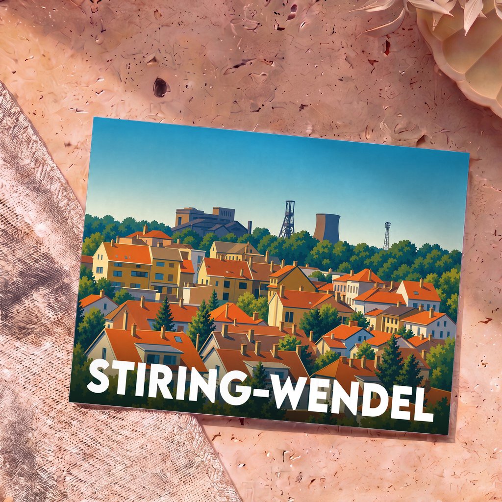 Carte postale souvenir de la ville de Stiring-Wendel avec une illustration stylisée de ses maisons et de son patrimoine industriel.