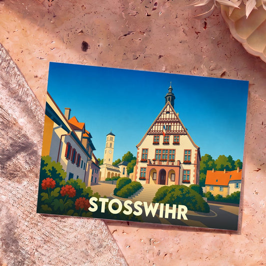 Carte postale souvenir de la ville de Stosswihr avec une illustration colorée et stylisée de son architecture typique.