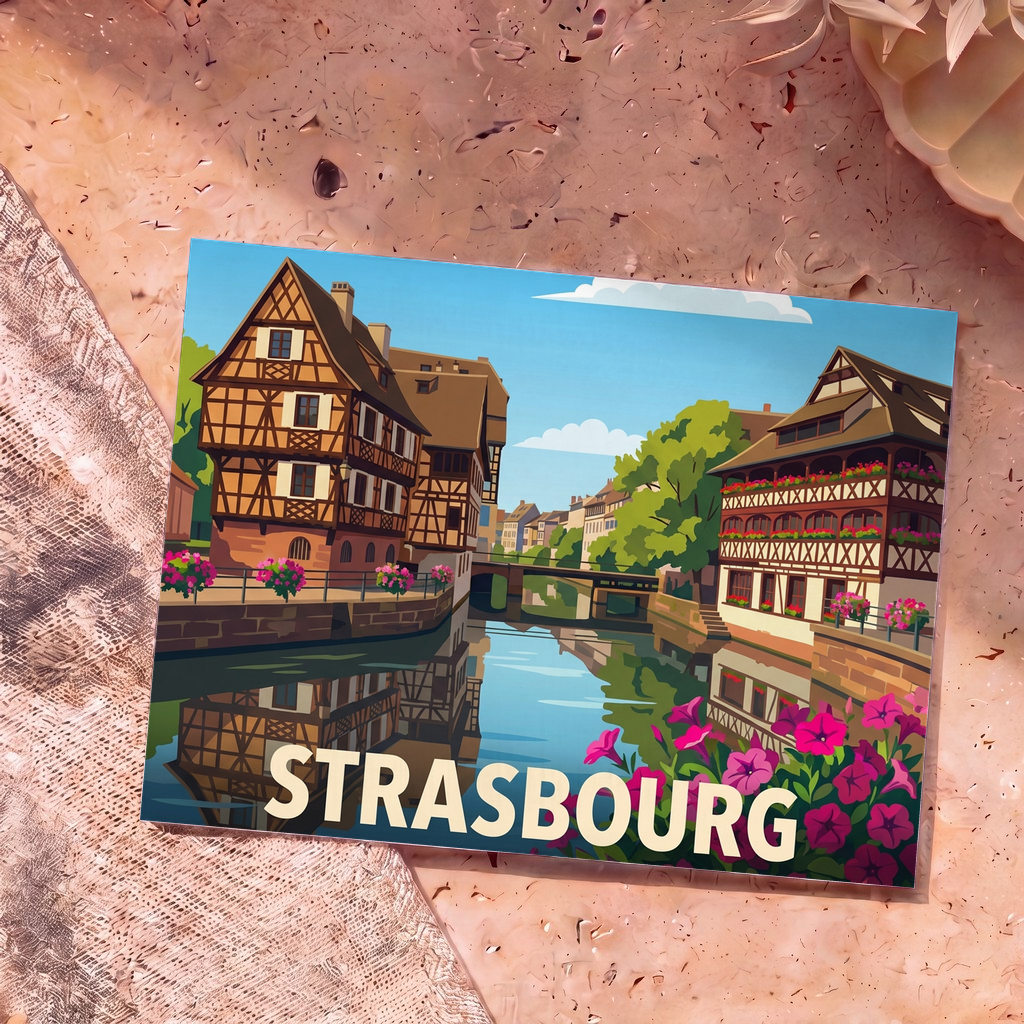 Carte postale souvenir de la ville de Strasbourg illustrant les maisons à colombages de la Petite France au bord de l'eau.