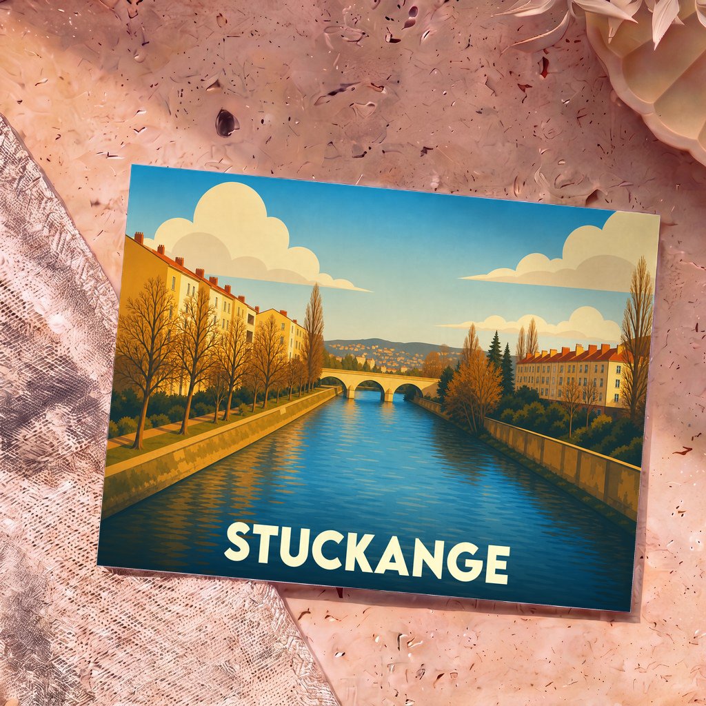 Carte postale souvenir de la ville de Stuckange avec une illustration stylisée d'un canal et d'un pont.