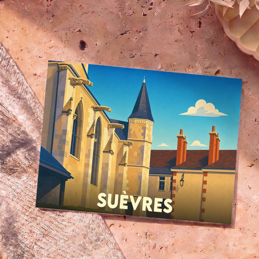 Carte postale souvenir de la ville de Suèvres avec une illustration stylisée de son architecture.