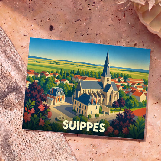 Carte postale souvenir de la ville de Suippes avec une illustration stylisée de son église et de ses maisons.