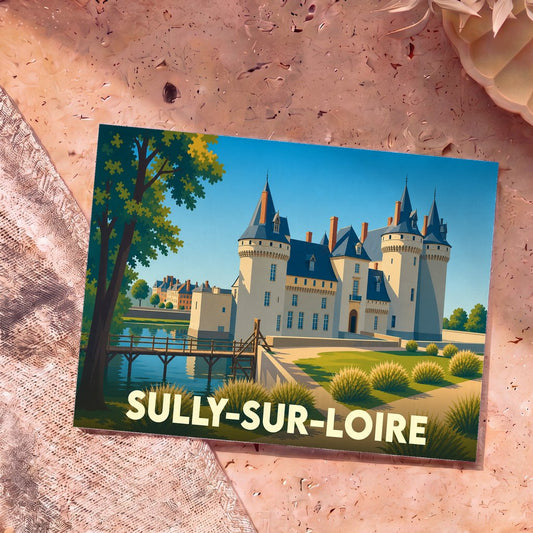 Carte postale souvenir de la ville de Sully-sur-Loire avec une illustration stylisée de son château.