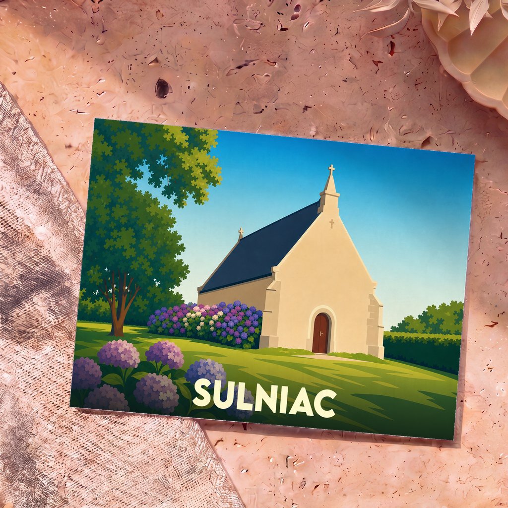Carte postale souvenir de la ville de Sulniac illustrant une chapelle entourée d'hortensias dans un style épuré.