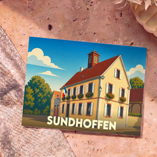 Carte postale souvenir de la ville de Sundhoffen avec une illustration stylisée d'un bâtiment alsacien traditionnel.