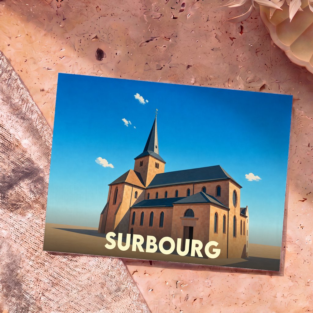 Carte postale souvenir de la ville de Surbourg avec une illustration stylisée de son église.