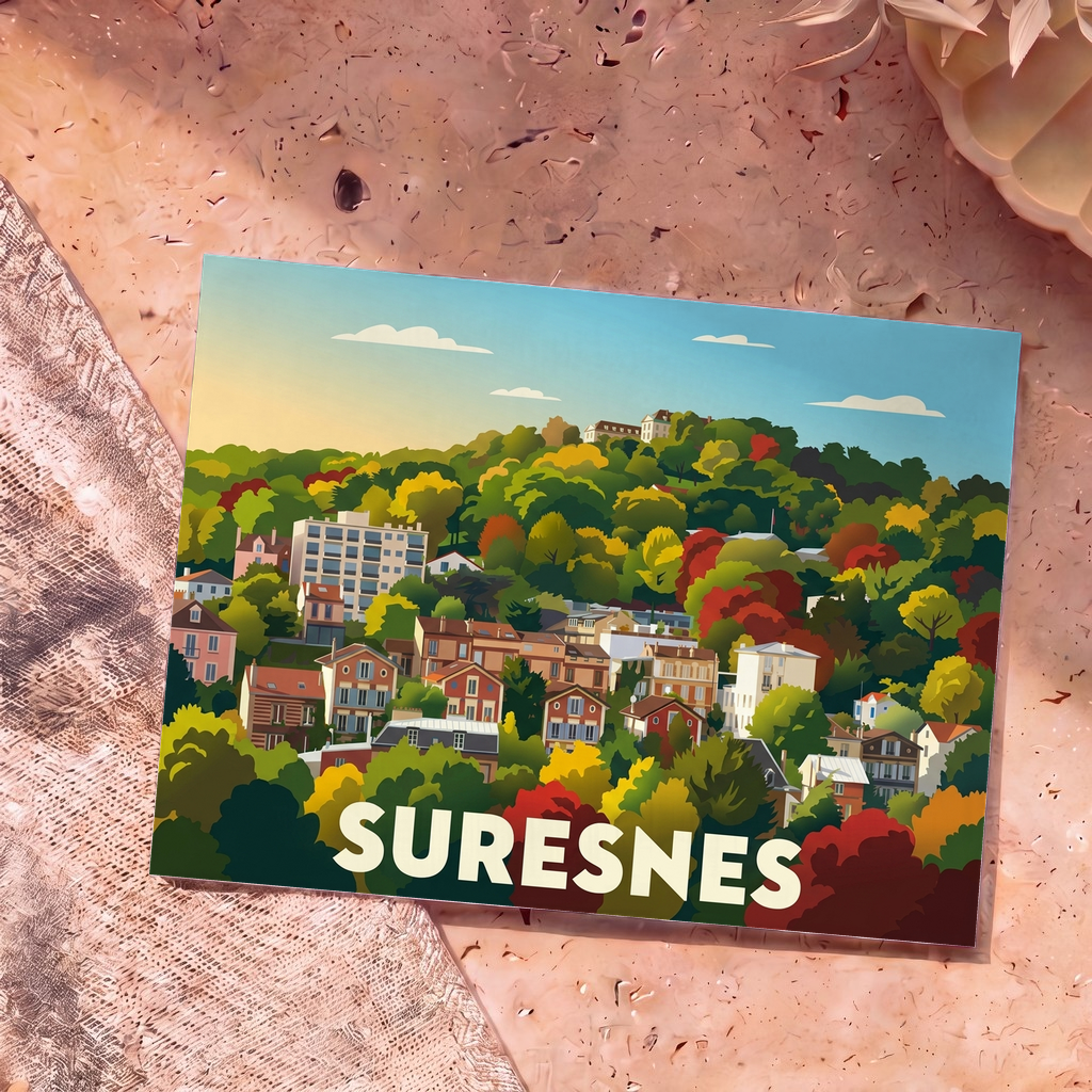 Carte postale souvenir de la ville de Suresnes illustrant ses maisons colorées sur une colline verdoyante.