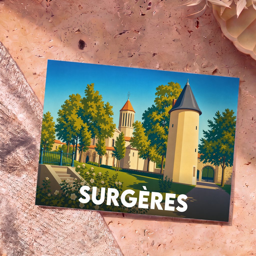 Carte postale souvenir de la ville de Surgères présentant une illustration stylisée de son château et de son église.