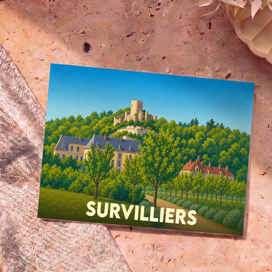 Carte postale souvenir de la ville de Survilliers avec une illustration stylisée de son paysage et de son patrimoine.