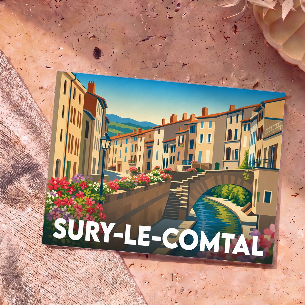 Carte postale souvenir de la ville de Sury-le-Comtal avec une illustration stylisée d'un canal et de maisons colorées.