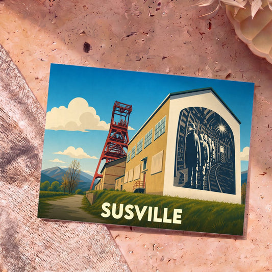 Carte postale souvenir de la ville de Susville illustrant un puits de mine et des mineurs dans un style vintage.