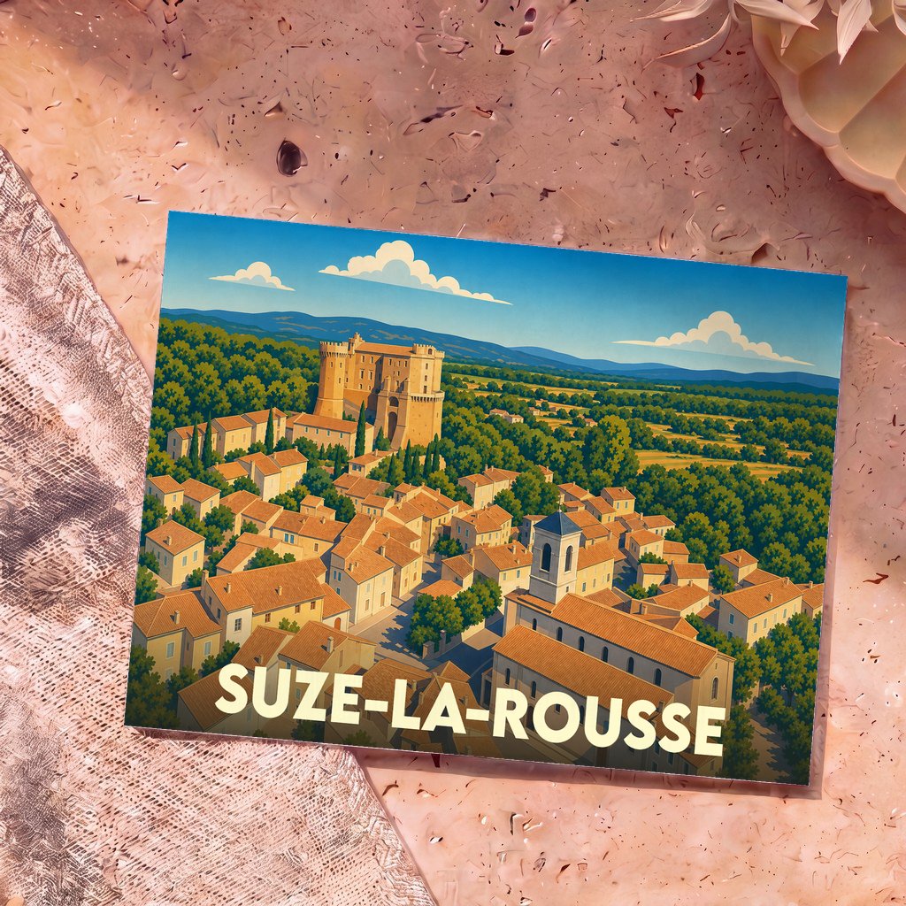 Carte postale souvenir de la ville de Suze-la-Rousse avec une illustration stylisée du village et de son château.