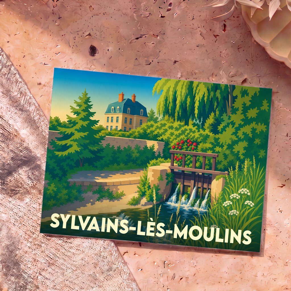 Carte postale souvenir de la ville de Sylvains-Lès-Moulins avec une illustration stylisée d'un moulin et d'une demeure bourgeoise.