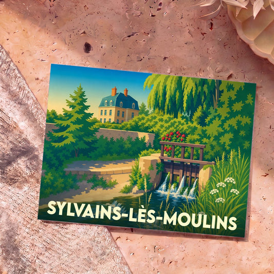 Carte postale souvenir de la ville de Sylvains-Lès-Moulins avec une illustration stylisée d'un moulin et d'une demeure bourgeoise.