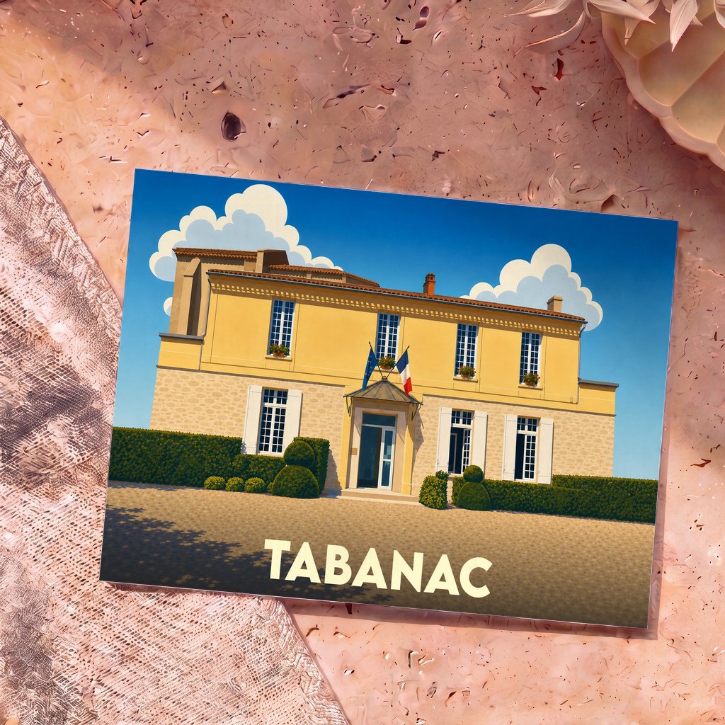 Carte postale souvenir de la ville de Tabanac avec une illustration stylisée de sa mairie.