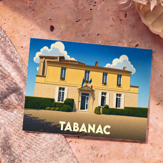 Carte postale souvenir de la ville de Tabanac avec une illustration stylisée de sa mairie.