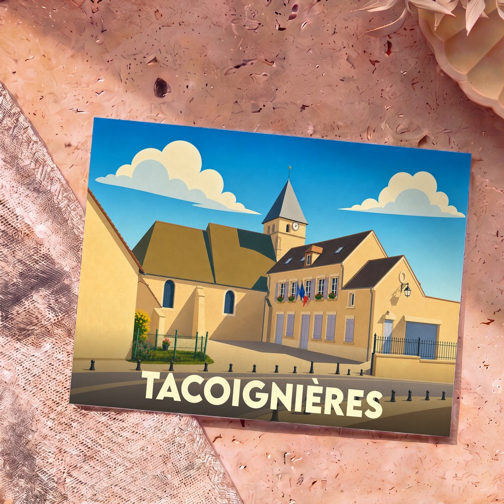 Carte postale souvenir de la ville de Tacoignières avec une illustration stylisée de son église et de sa mairie.