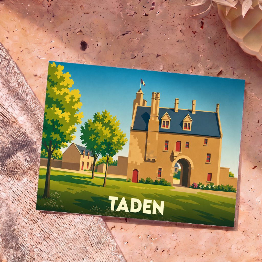 Carte postale souvenir de la ville de Taden avec une illustration stylisée d'un manoir historique.