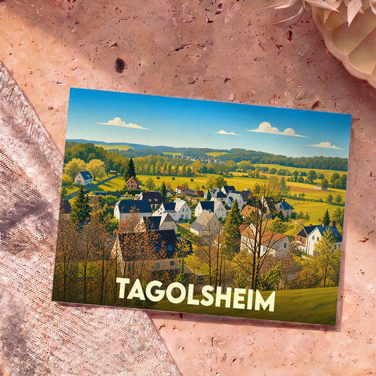 Carte postale souvenir de la ville de Tagolsheim avec une illustration stylisée d'un village alsacien niché dans une vallée verdoyante.