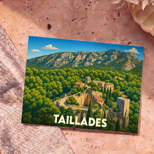 Carte postale souvenir de la ville de Taillades avec une illustration stylisée de son vieux village au pied des falaises.