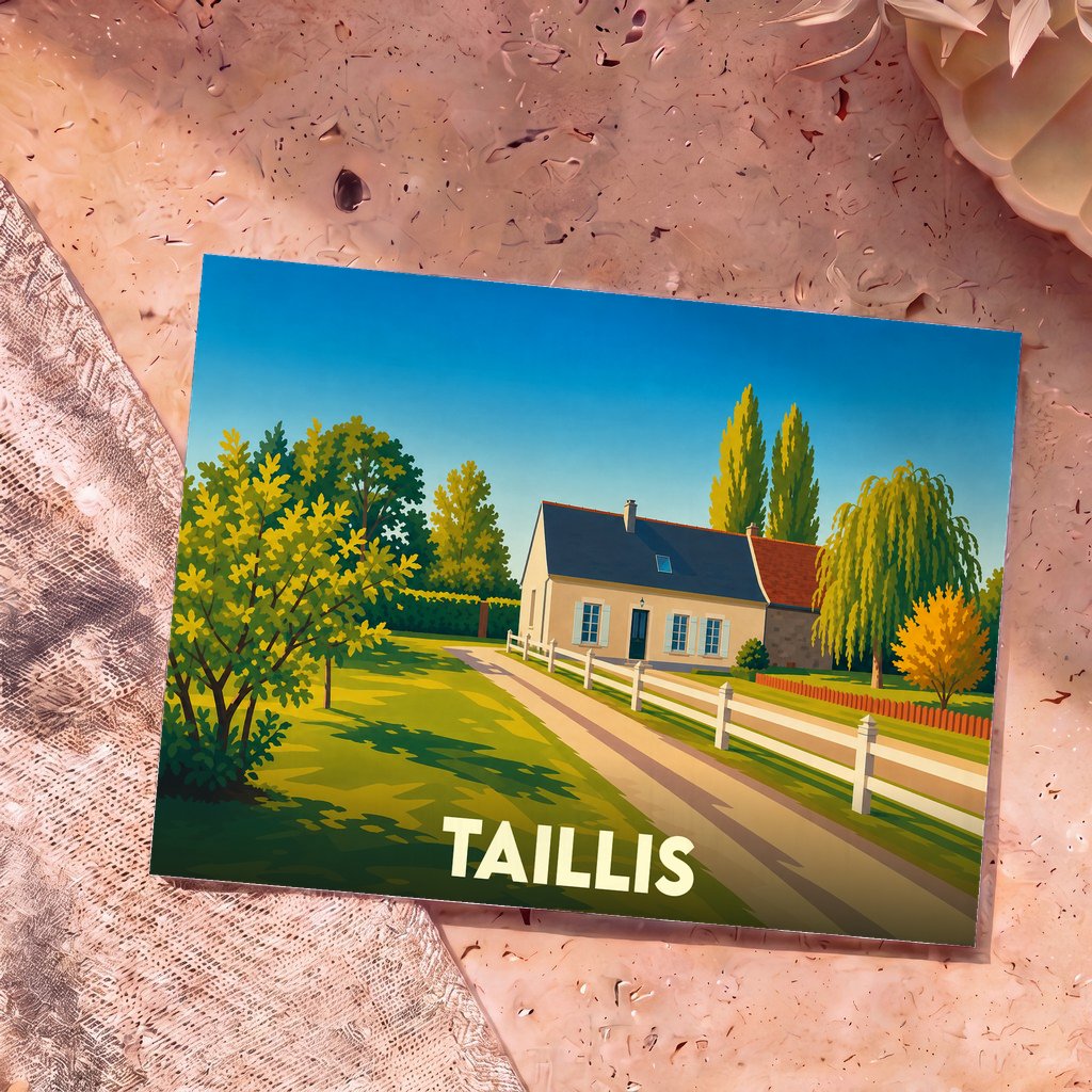 Carte postale souvenir de la ville de Taillis avec une illustration stylisée d'une maison de campagne.
