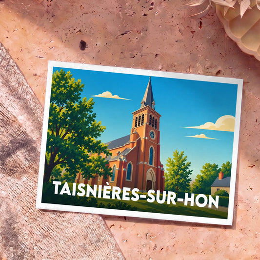 Carte postale souvenir de la ville de Taisnières-sur-Hon avec une illustration stylisée de son église.