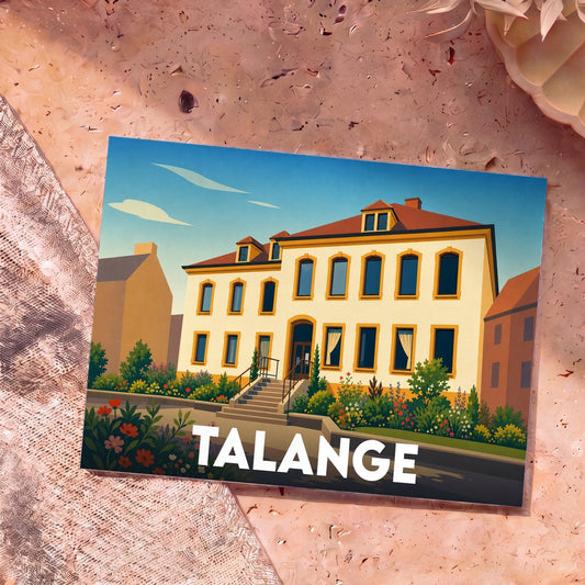 Carte postale souvenir de la ville de Talange avec une illustration stylisée d'un bâtiment remarquable.
