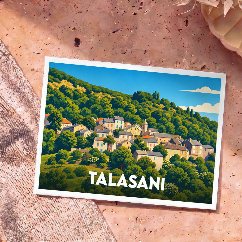 Carte postale souvenir de la ville de Talasani avec une illustration stylisée d'un village corse niché dans la verdure.