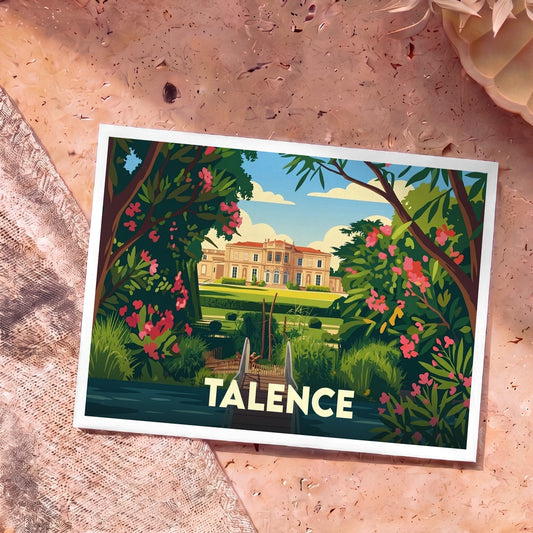 Carte postale souvenir de la ville de Talence avec une illustration stylisée d'un château et de son parc.