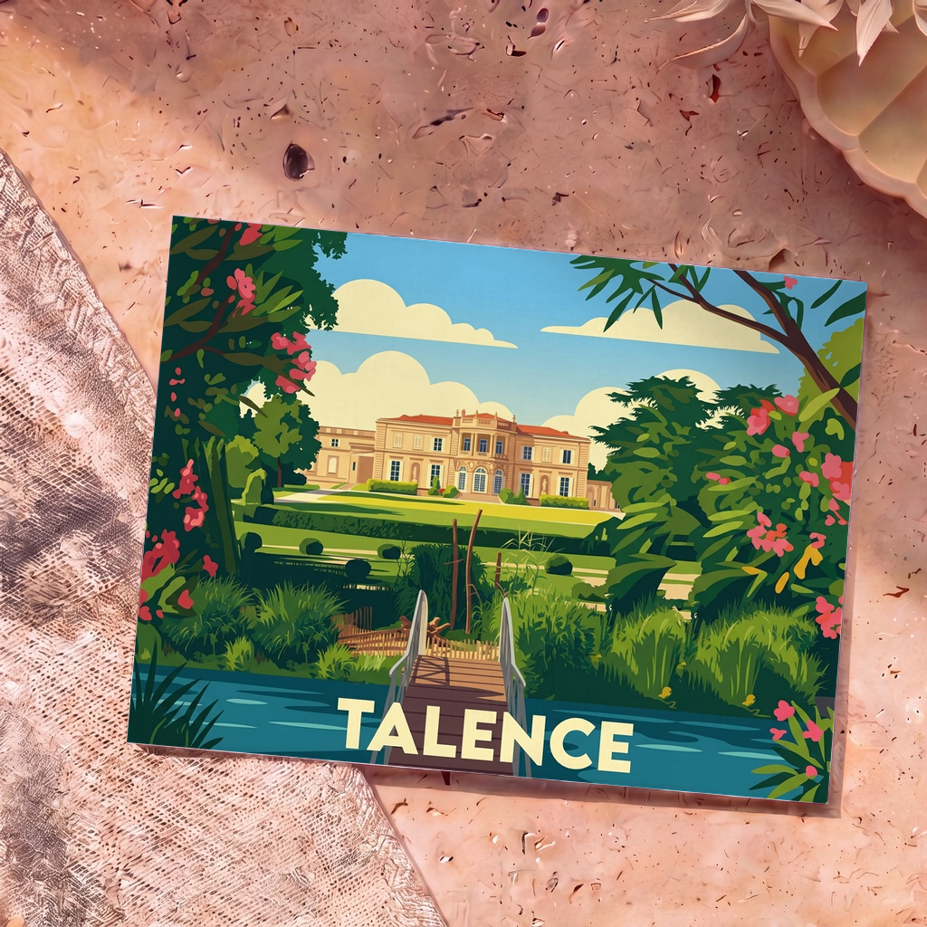 Carte postale souvenir de la ville de Talence avec une illustration stylisée d'un château et de son parc.