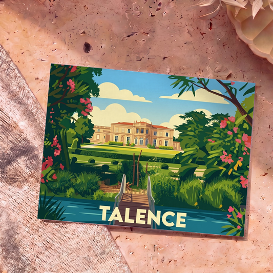 Carte postale souvenir de la ville de Talence avec une illustration stylisée d'un château et de son parc.
